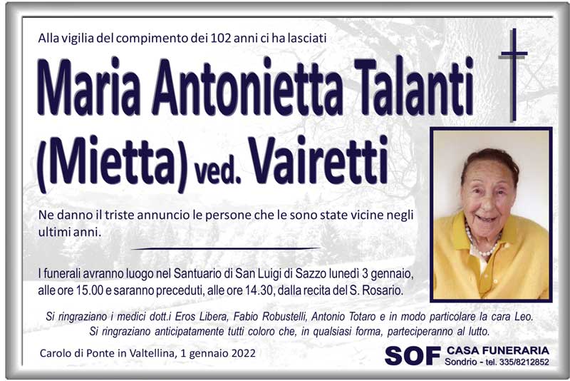 necrologio Talanti Maria Antonietta