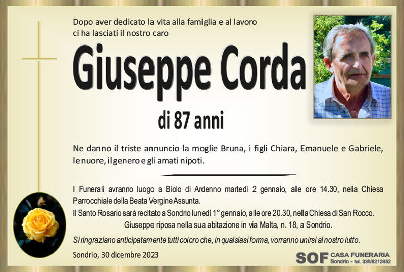 necrologio Corda Giuseppe
