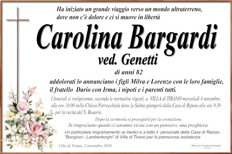 necrologio Carolina Bargardi