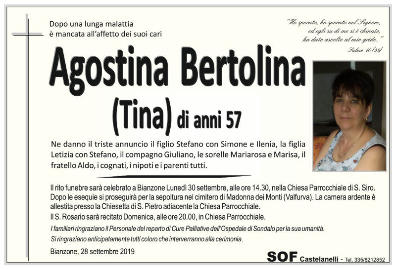 necrologio Bertolina Agostina