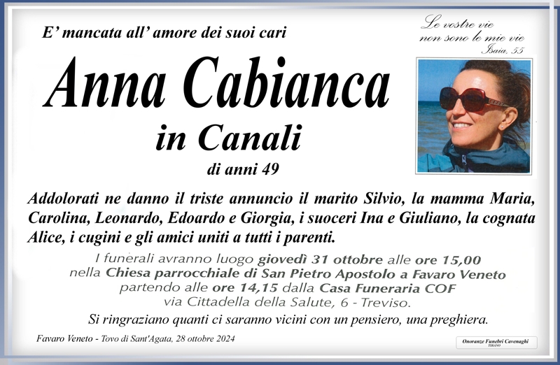 Necrologio Cabianca Anna in Canali