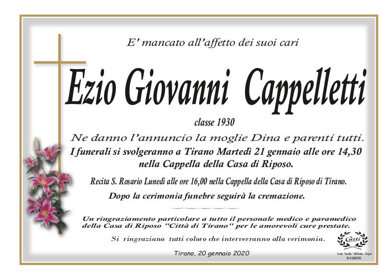 necrologio Cappelletti Ezio Giovanni