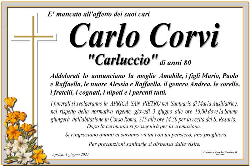 necrologio Corvi Carlo