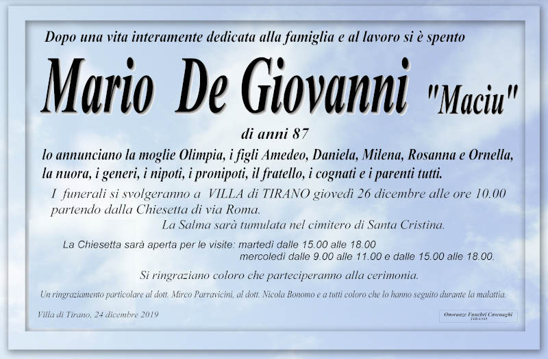 necrologio De Giovanni Mario