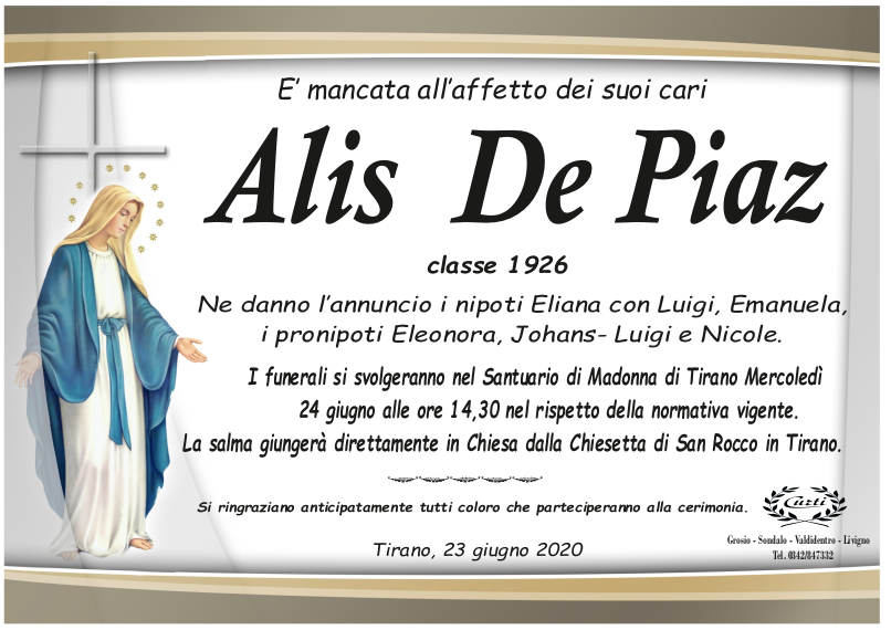 necrologio De Piaz Alis