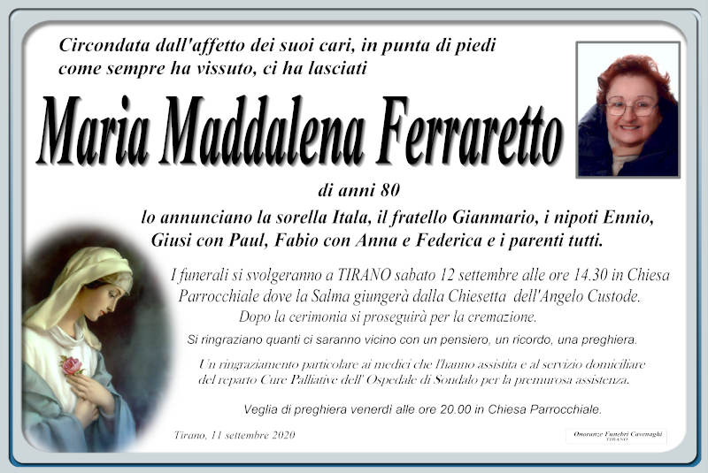 necrologio Ferraretto Maria Maddalena