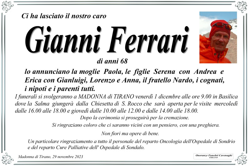Necrologio Ferrari Gianni