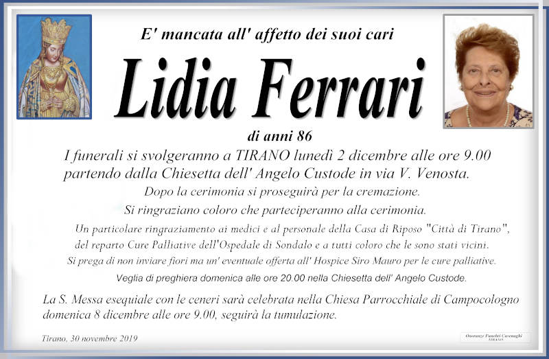 necrologio Ferrari Lidia