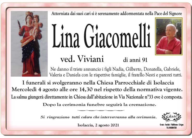necrologio Giacomelli Lina