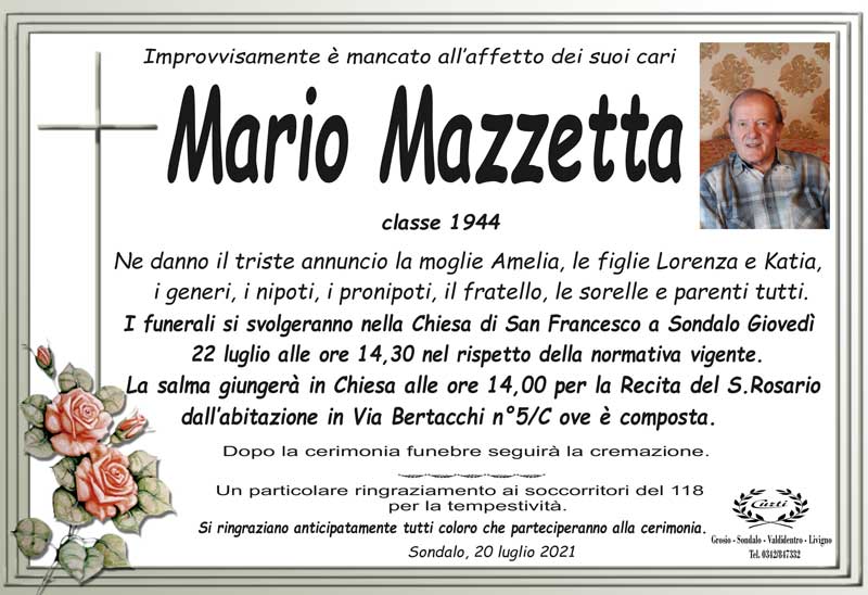 necrologio Mazzetta Mario
