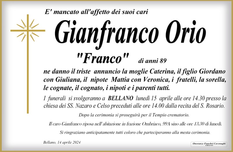 Necrologio Orio Gianfranco