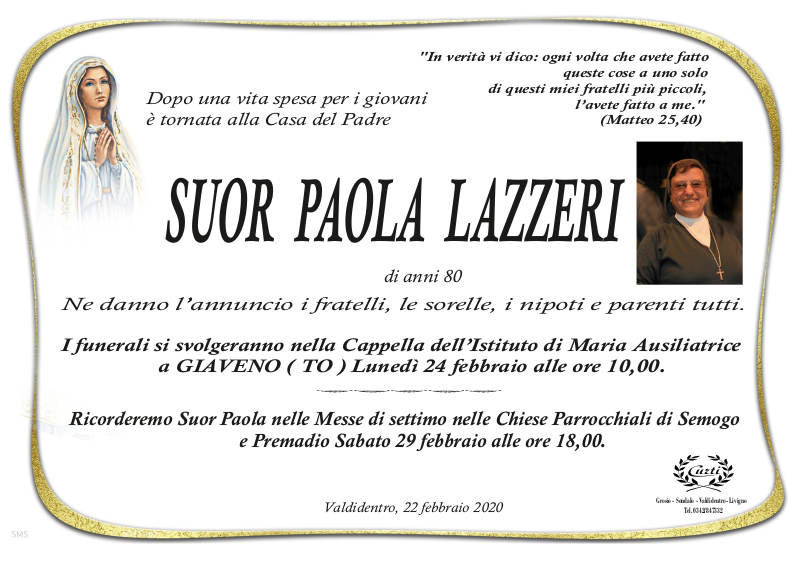 necrologio Suor Paola Lazzeri