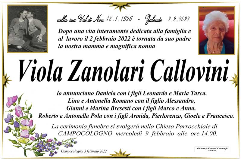 necrologio Viola Zanolari Callovini