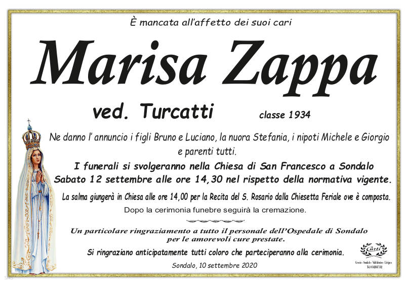 necrologio Zappa Marisa