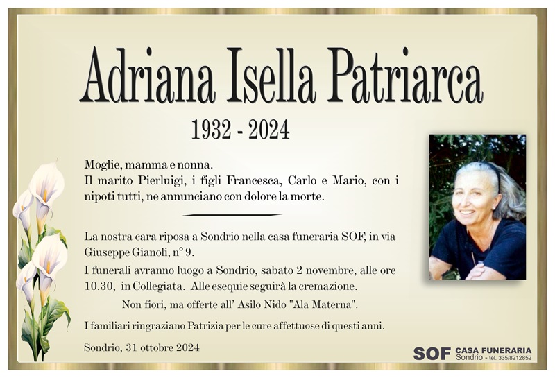 necrologio Patriarca Adriana Isella