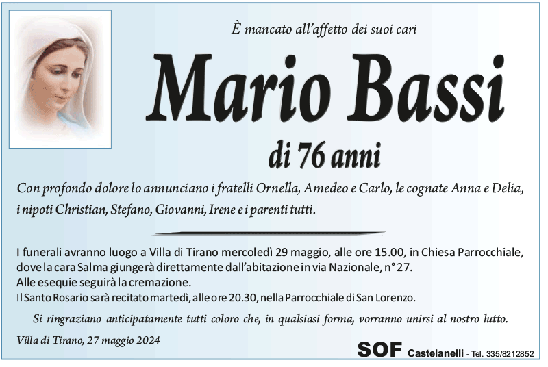 necrologio Bassi Mario