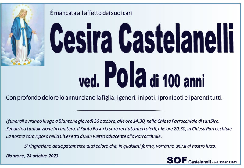 Castelanelli Cesira necrologio
