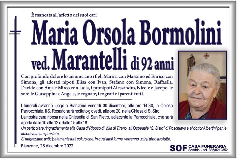 necrologio Bormolini Maria Orsola