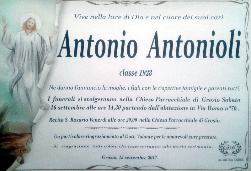 necrologio Antonio Antonioli