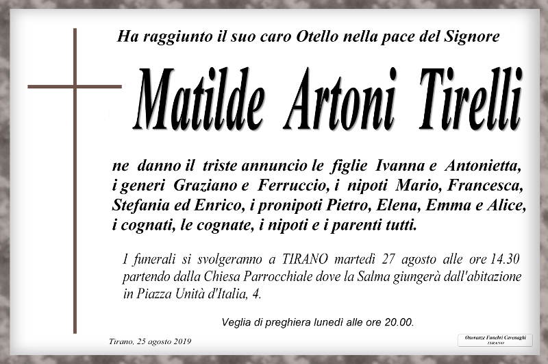 necrologio Tirelli Matilde Artoni