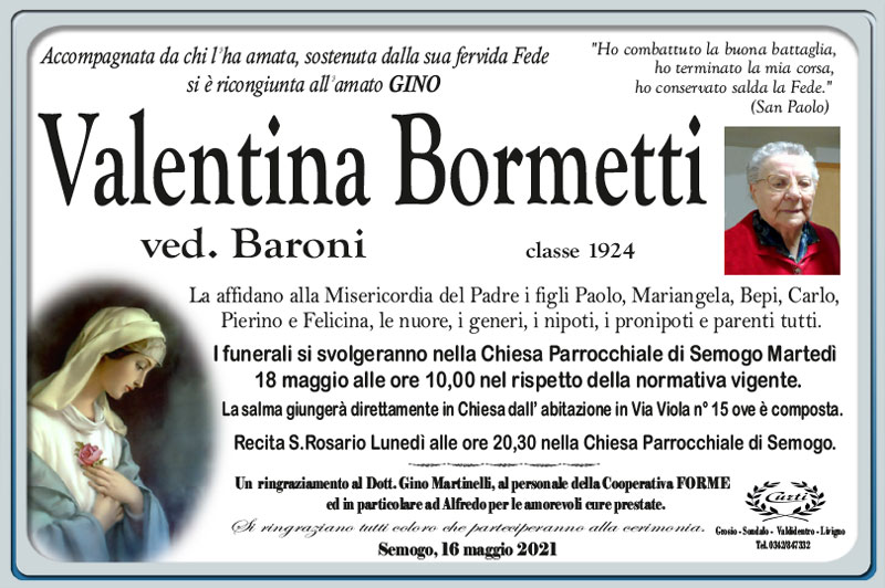necrologio Bormetti Valentina