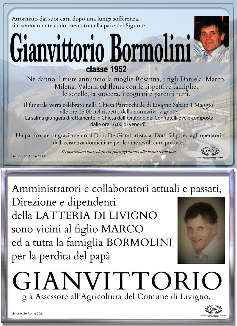 necrologio Bormolini Gianvittorio