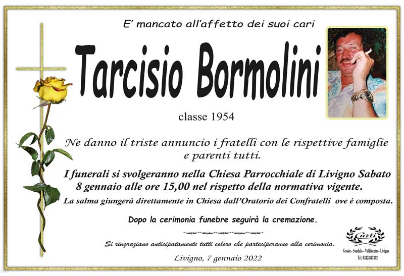 necrologio Bormolini Tarcisio