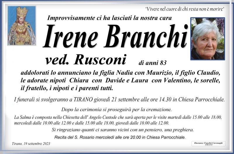 Necrologio Branchi Irene