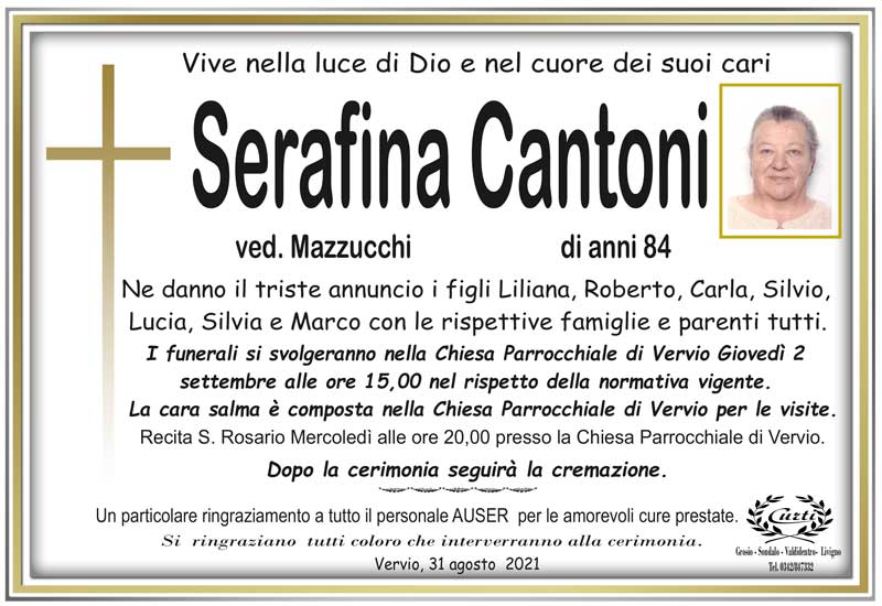 necrologio Cantoni Serafina