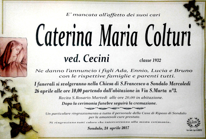 Necrologio Colturi Caterina Maria