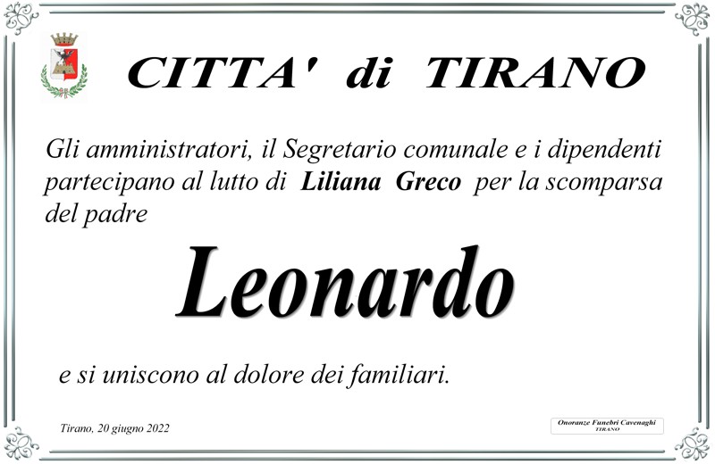 Partecipazione Comune di Tirano per Greco Leonardo