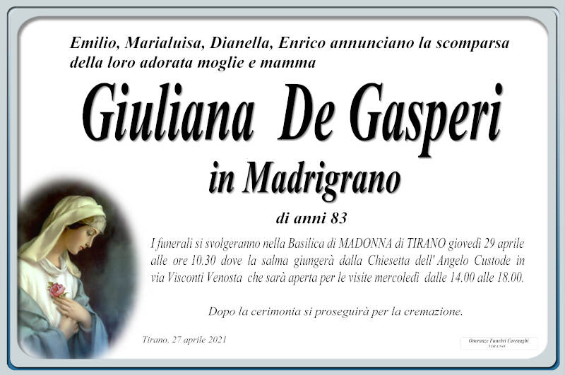 necrologio De Gasperi Giuliana