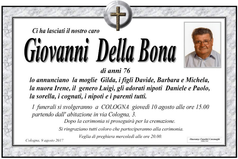 necrologio Della Bona Giovanni