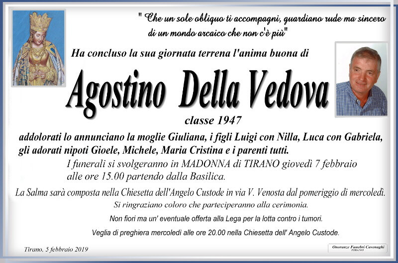 necrologio Della Vedova Agostino