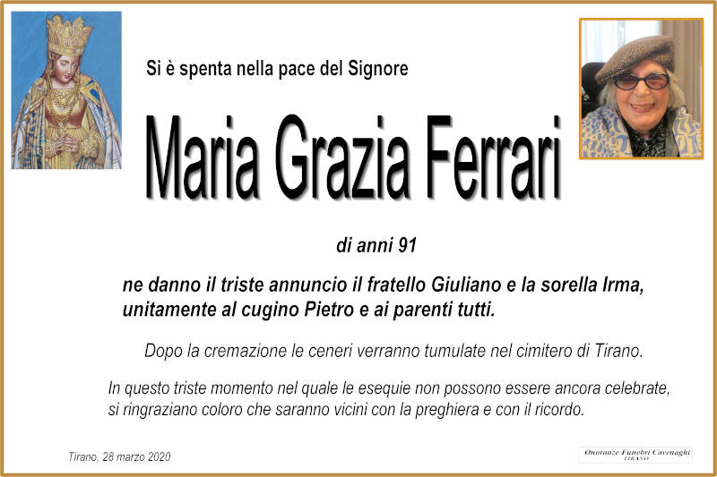 Ferrari Maria Grazia necrologio | INTORNO TIRANO