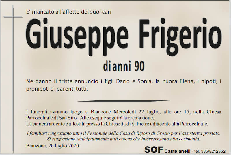 necrologio Frigerio Giuseppe