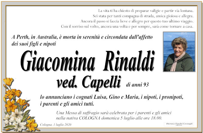 necrologio Rinaldi Giacomina