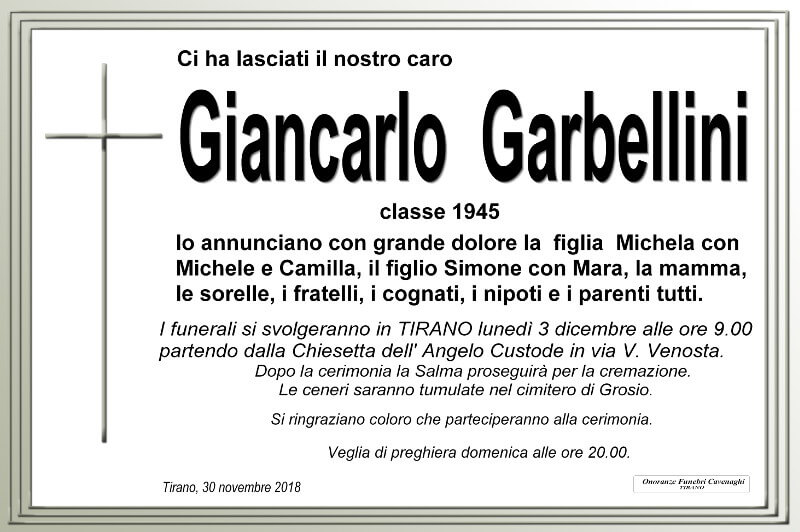 necrologio Garbellini Giancarlo