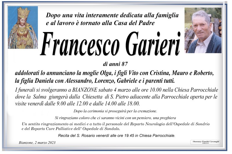 Necrologio Garieri Francesco