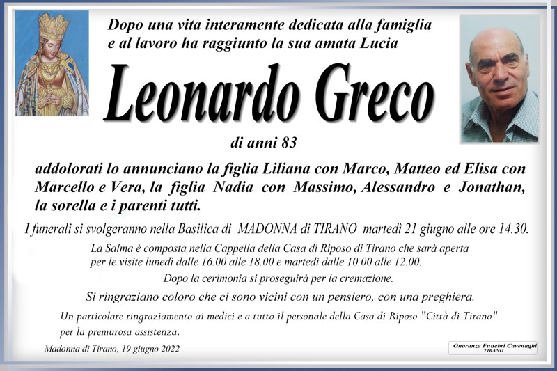 Necrologio Greco Leonardo