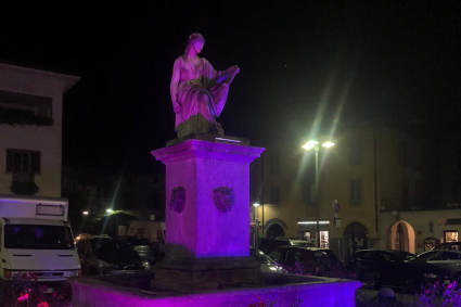 /Illuminata di rosa la statua in piazza Cavour