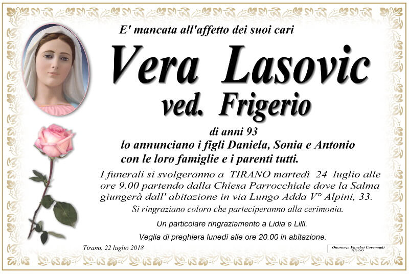 necrologio Lasovic Vera