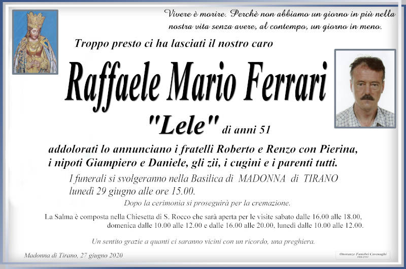 necrologio Ferrari Raffaele Mario