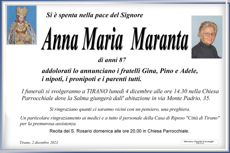Necrologio Maranta Anna Maria