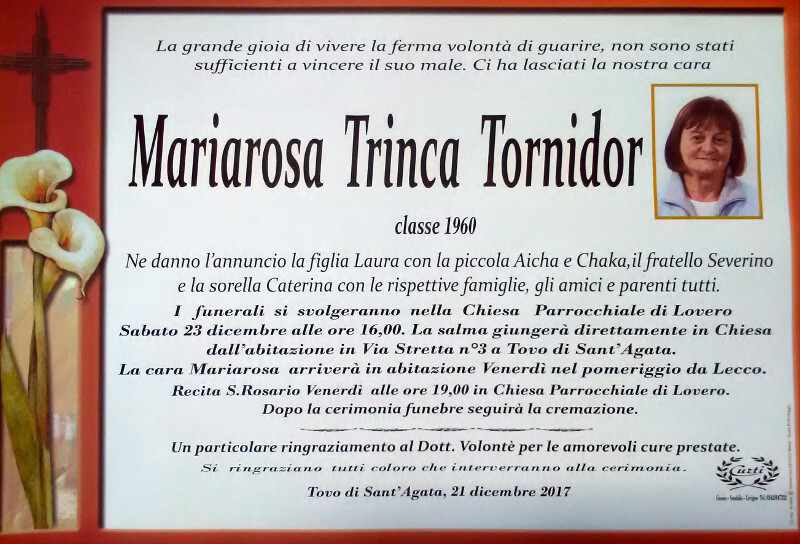 necrologio Mariarosa Trinca Tornidor