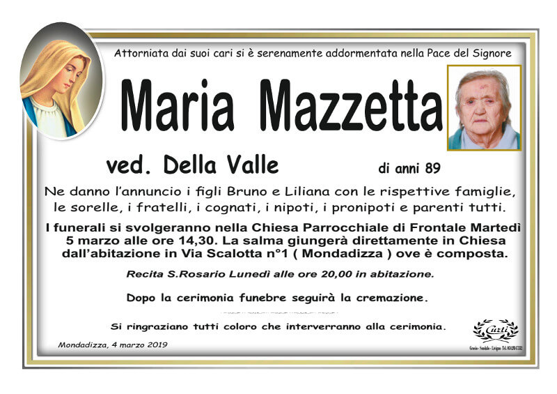 necrologio Mazzetta Maria, ved. Della Valle