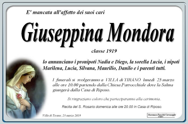 necrologio Mondora Giuseppina