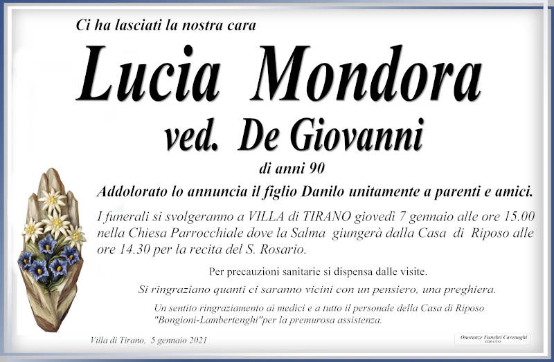 necrologio Mondora Lucia