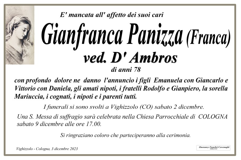 Necrologio Panizza Gianfranca