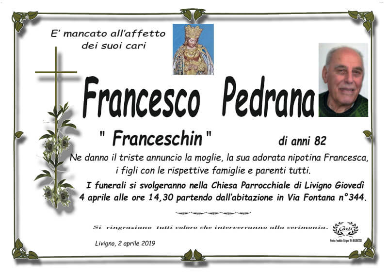 necrologio Pedrana Francesco